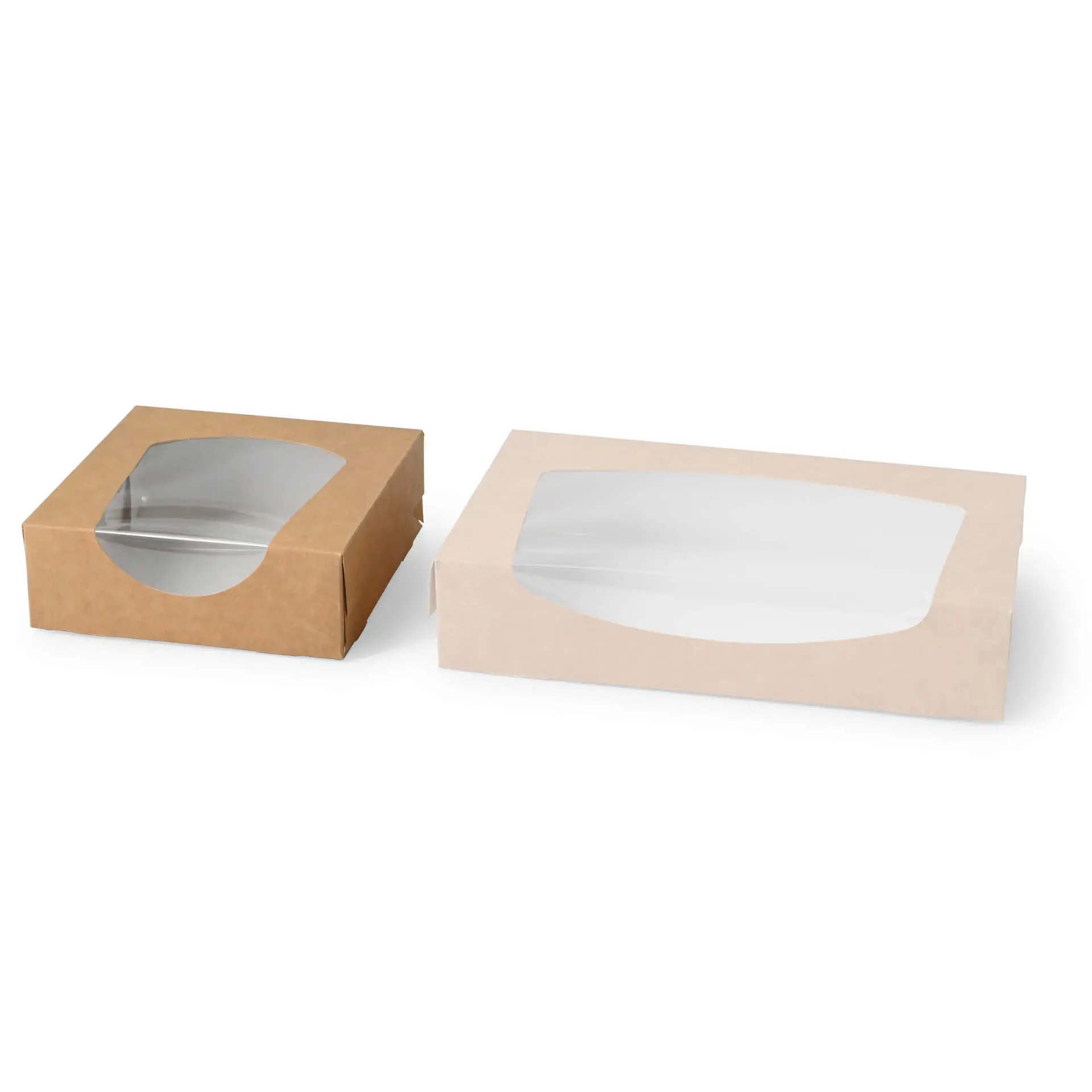 Kartonnen vensterdozen 12 x 12 x 4 cm, 600 ml, cellulose-venster, buiten kraft, binnen wit, opvouwbaar