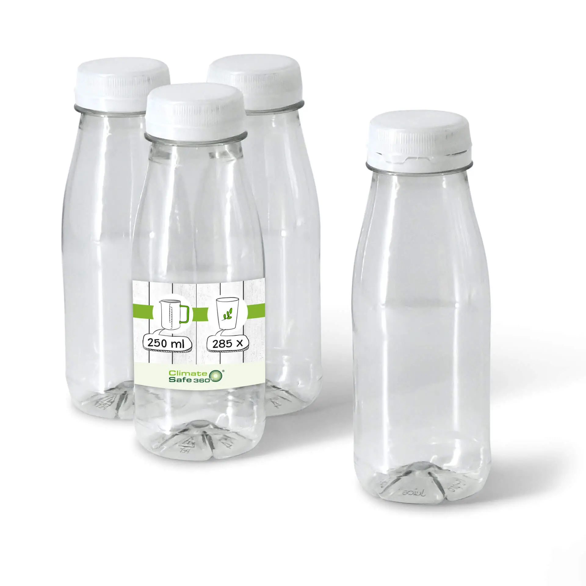 rPET flessen 250 ml / 9 oz, helder, deksel wit