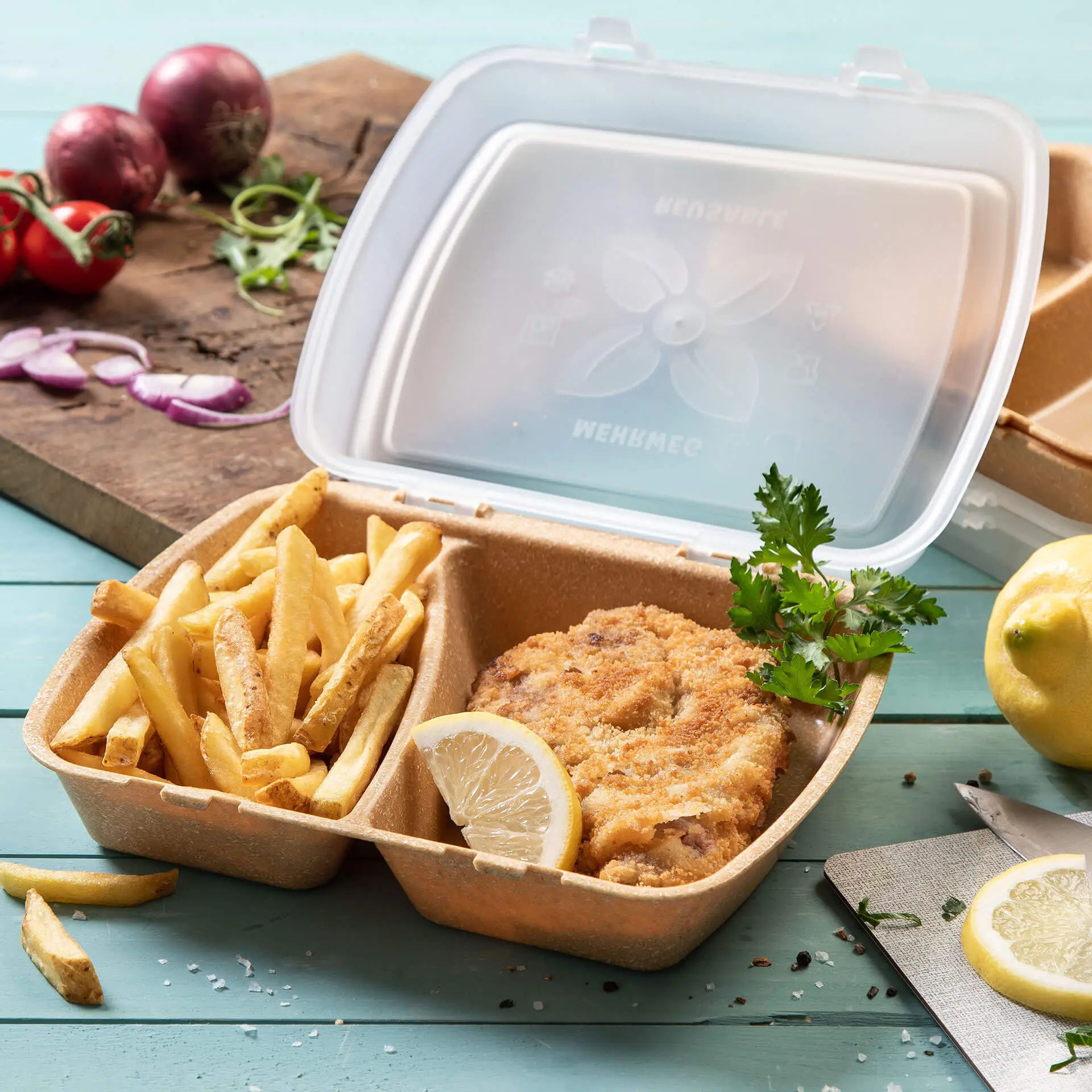 Herbruikbare menuboard "merways Box" 24,5 x 20 x 4,5 cm, 2 kamers, HP4/2, karamel / bruin