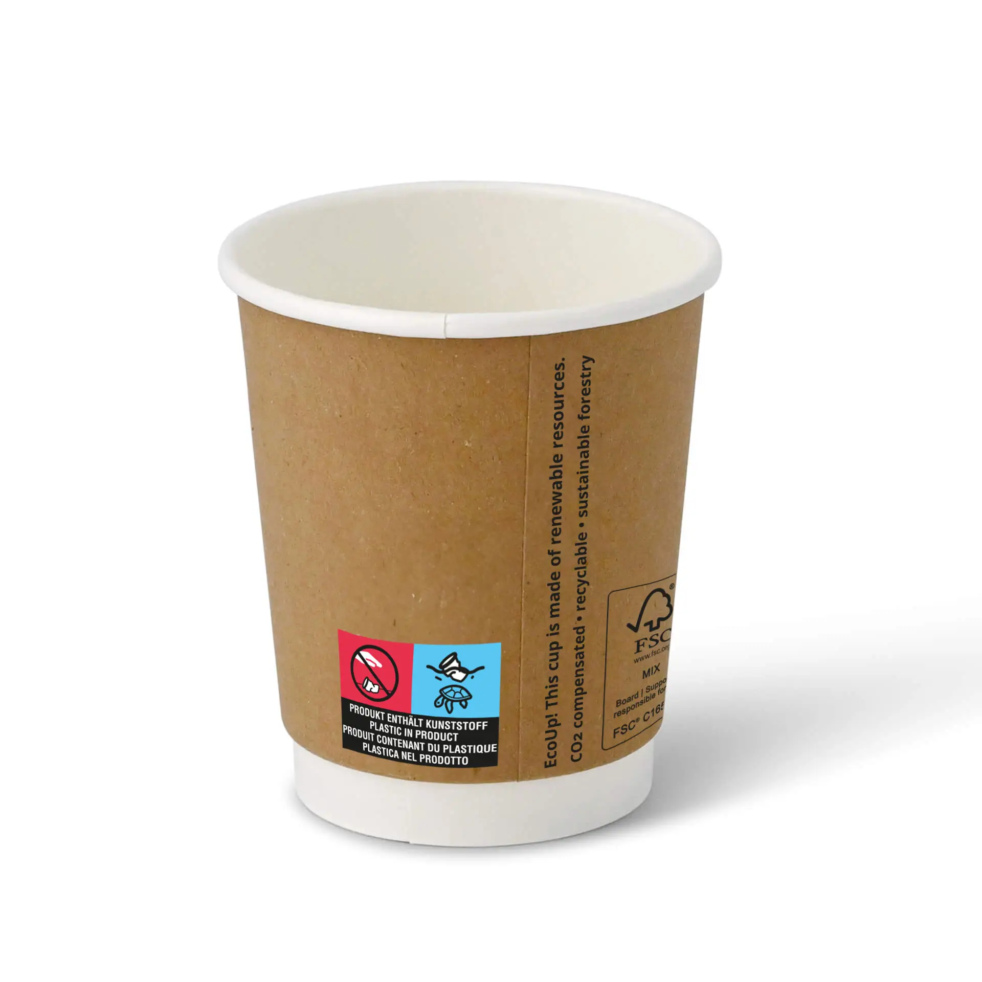 Koffiebekers to go van karton (gecoat), dubbelwandig, 200 ml / 8 oz, Ø 80 mm, bruin, binnenkant wit