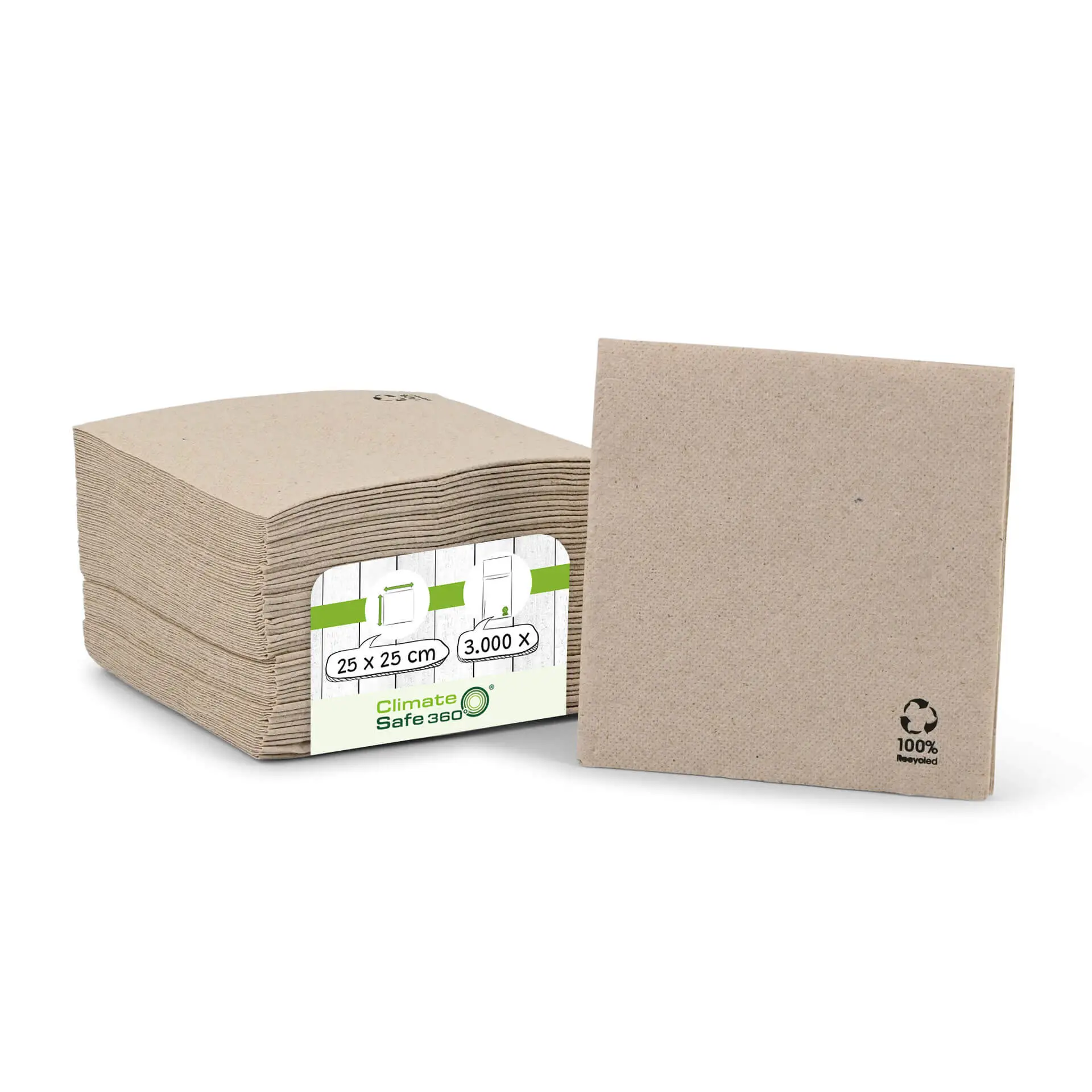 Servetten van gerecycled papier (Premium) 25 x 25 cm, 2-laags, 1/4 vouw, ongebleekt