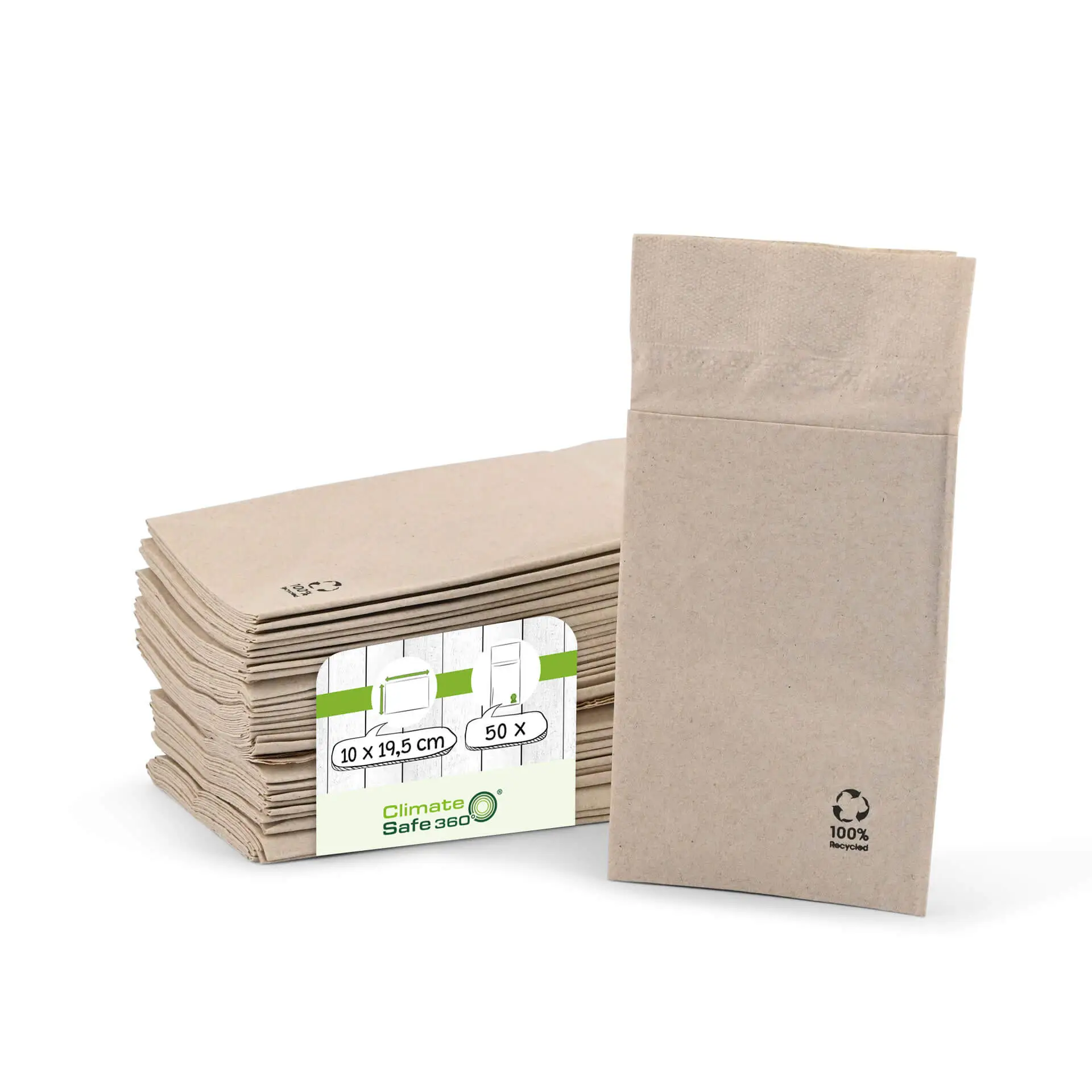 Bestek-servetten van gerecycled papier 10 x 19,5 cm, 2-laags, ongebleekt