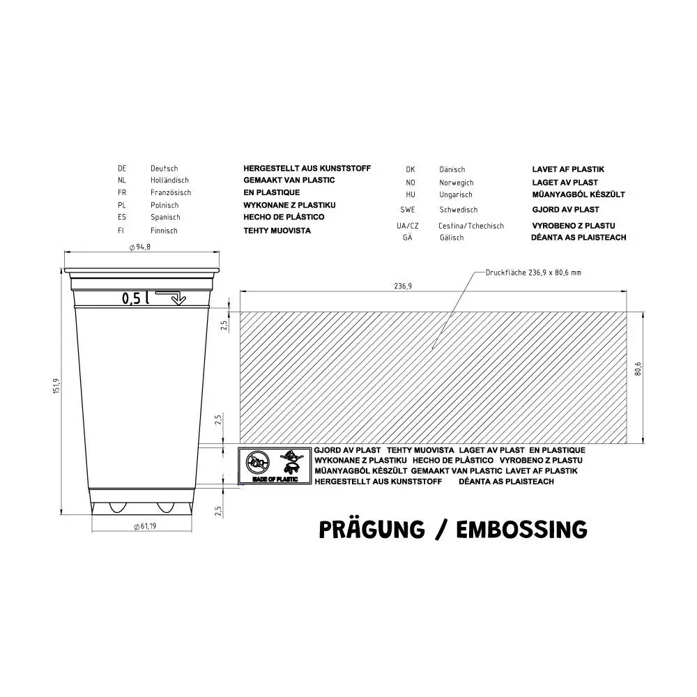 PLA heldere beker 500 ml / 20 oz, Ø 95 mm