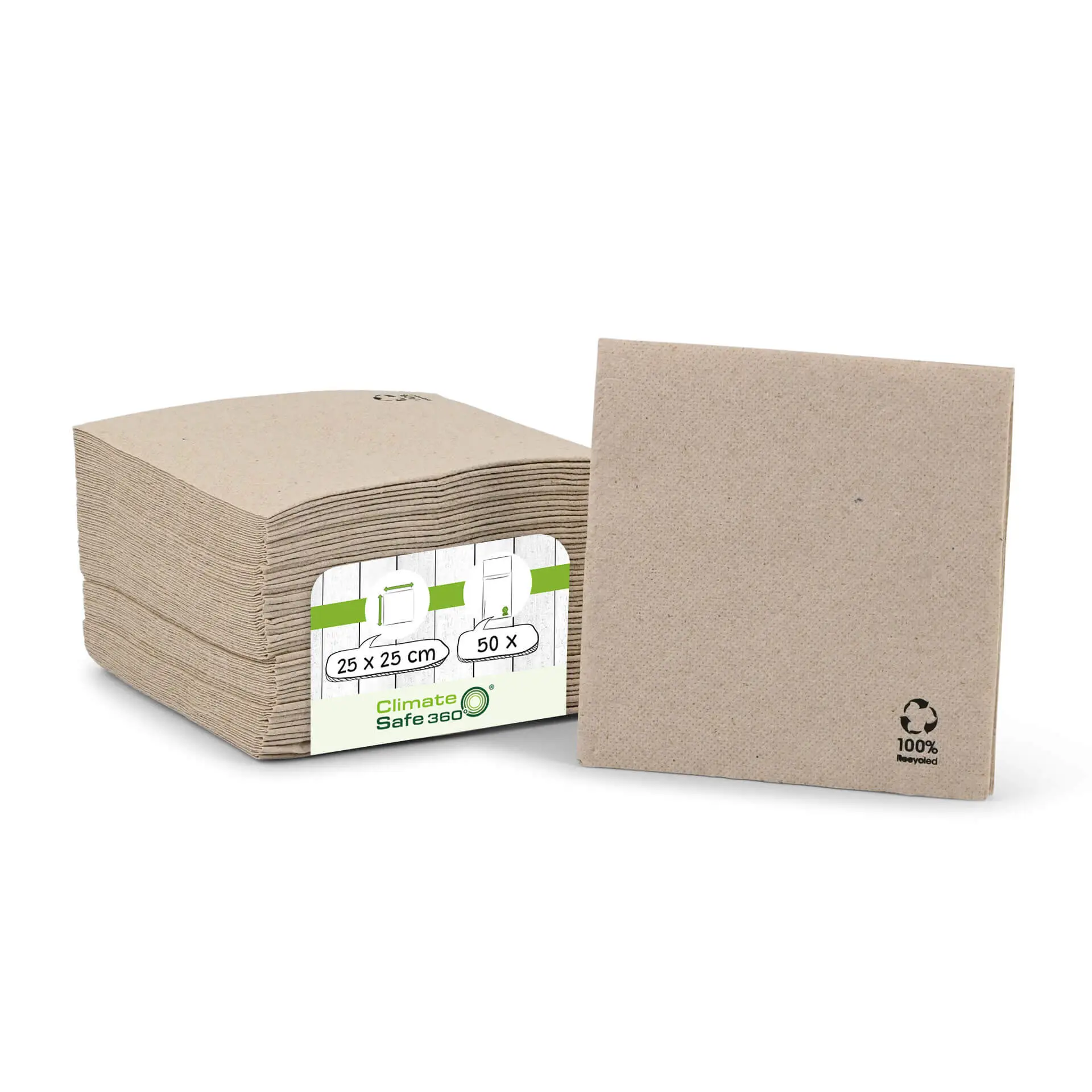 Servetten van gerecycled papier (Premium) 25 x 25 cm, 2-laags, 1/4 vouw, ongebleekt