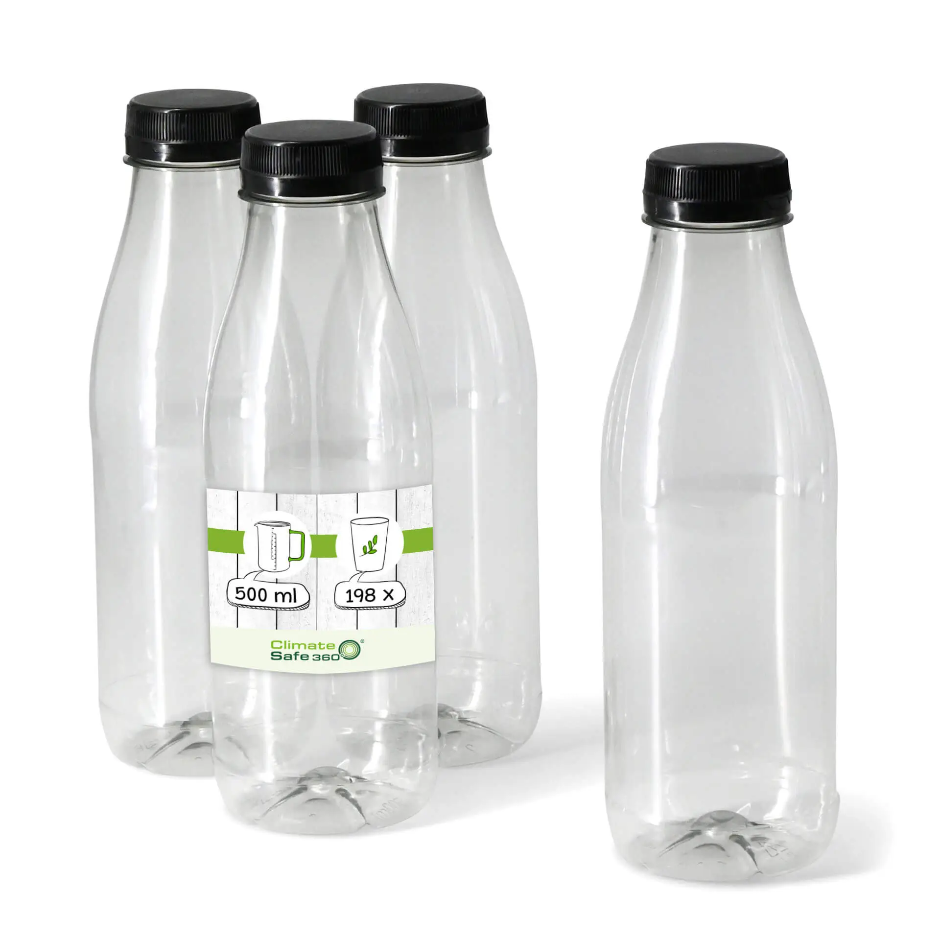 rPET flessen 500 ml / 17,5 oz, helder, deksel zwart