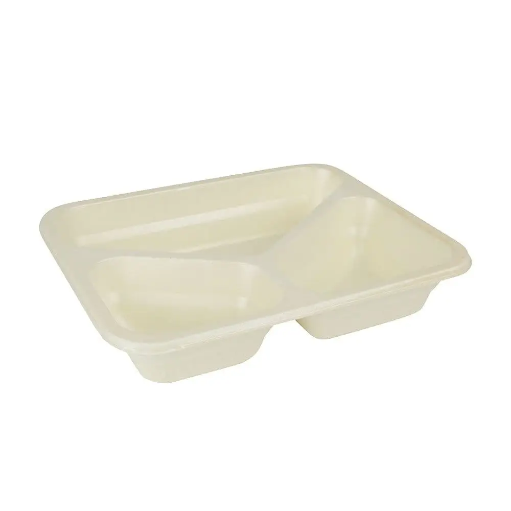 Cellulose maaltijdbakjes 950 ml, 25 x 17,7 x 4,5 cm, 3 vakjes, naturel, bio-gecoat