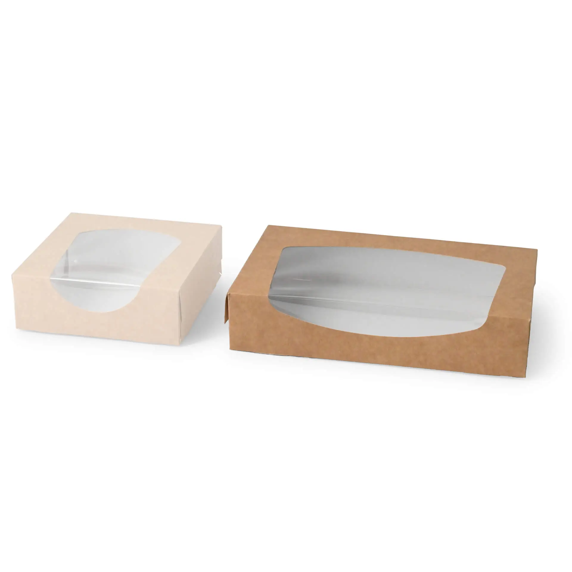 Kartonnen vensterdozen 20 x 12 x 4 cm, 900 ml, cellulose-venster, buiten bruin, binnen wit, opvouwbaar