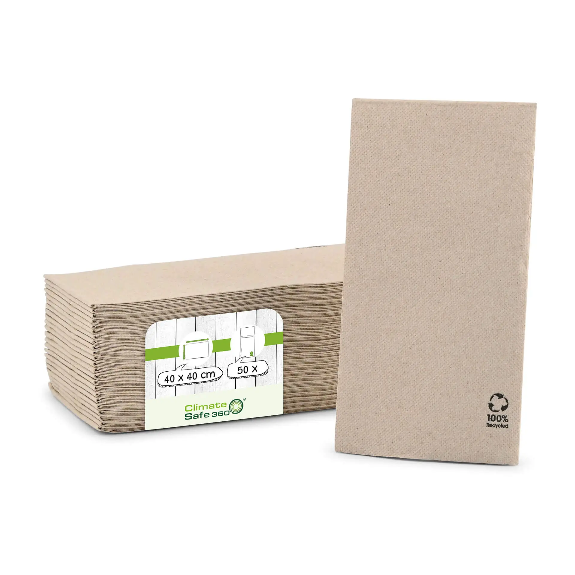 Servetten van gerecycled papier (Premium) 40 x 40 cm, 2-laags, 1/8 vouw, ongebleekt