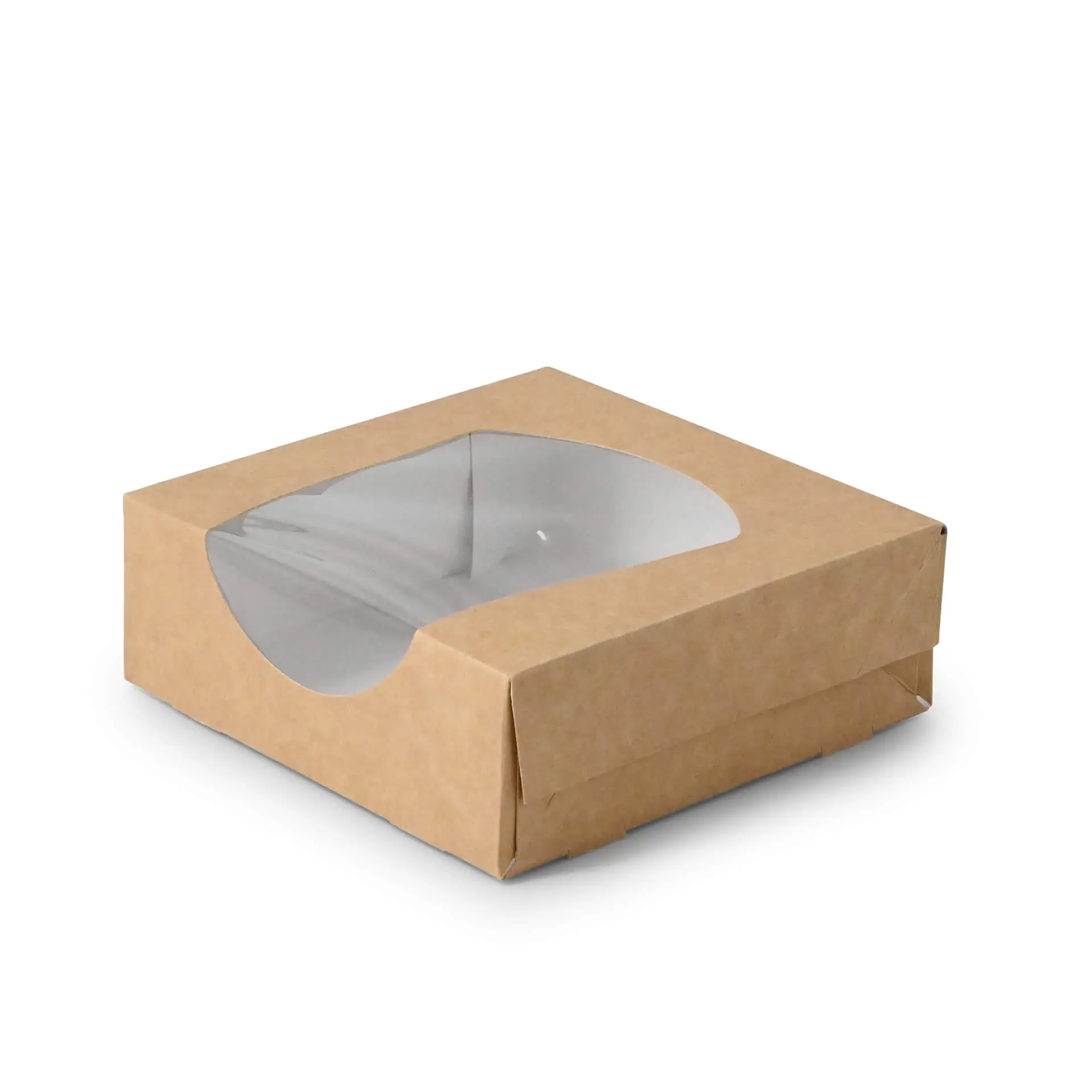 Kartonnen vensterdozen 12 x 12 x 4 cm, 600 ml, cellulose-venster, buiten kraft, binnen wit, opvouwbaar