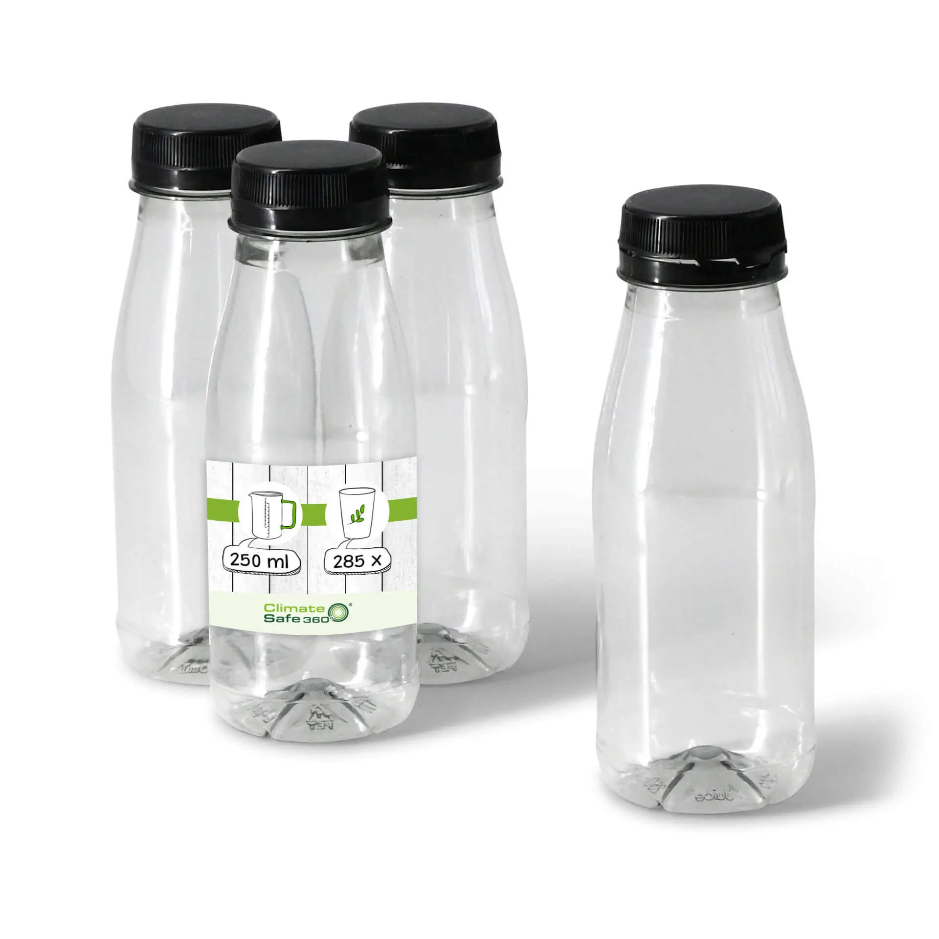 rPET flessen 250 ml / 9 oz, helder, deksel zwart