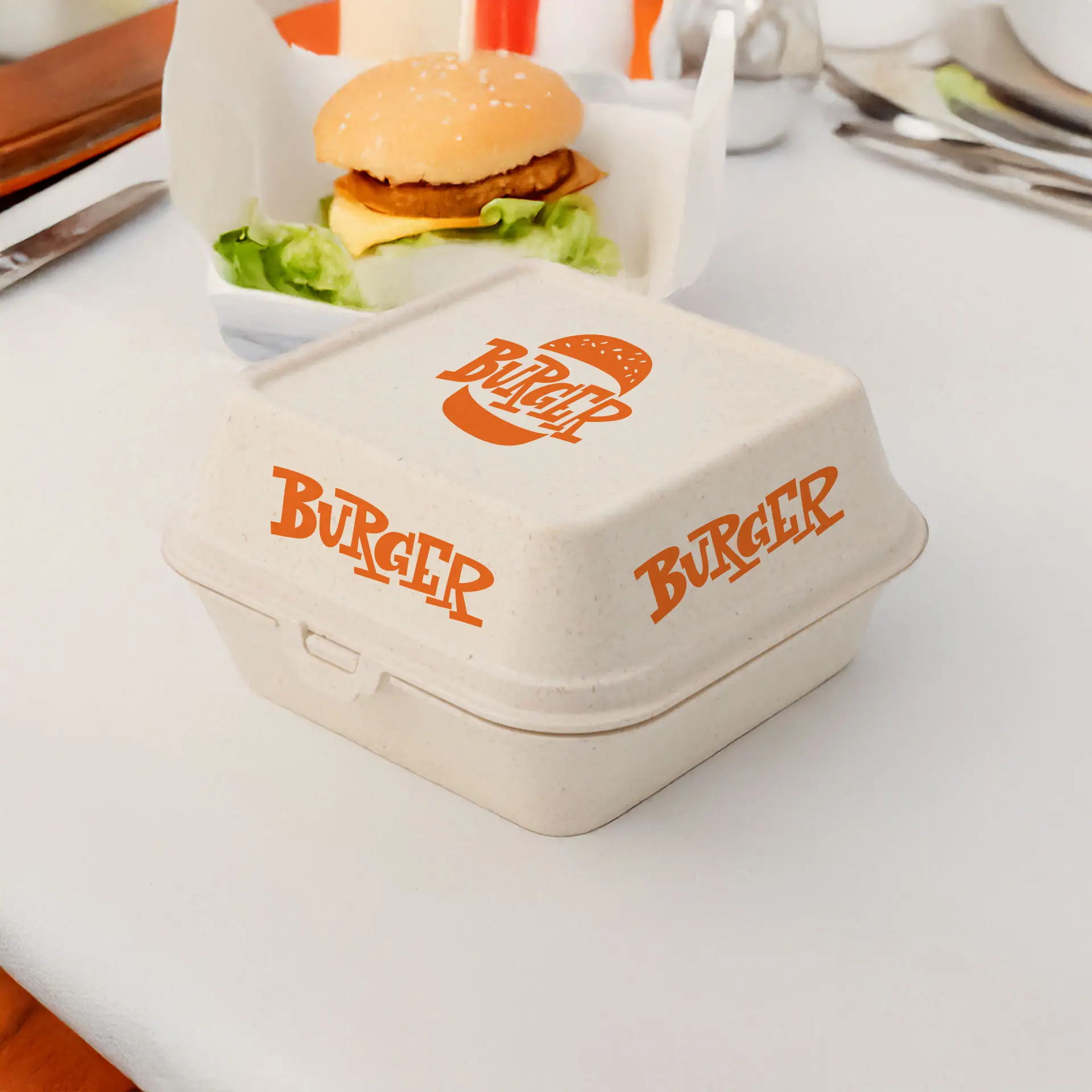 Reusable hamburgerdoosjes bedrukken "merways Box" (4 vlakken) 16 x 15 x 8,5 cm, cashew / crème-wit