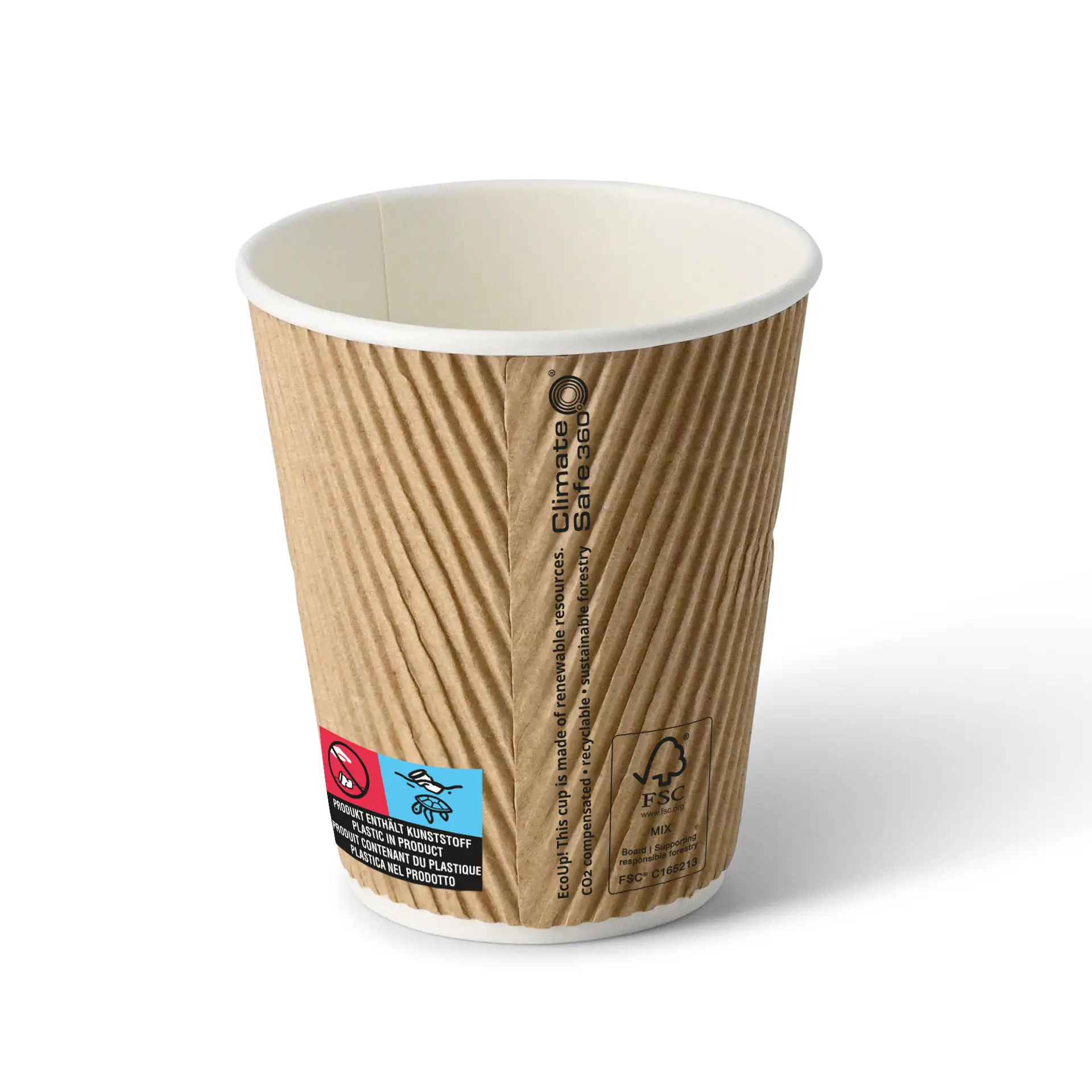 Koffiebekers to go van karton (gecoat) / Ribbelbekers 250 ml / 10 oz, Ø 80 mm, bruin, binnenkant wit