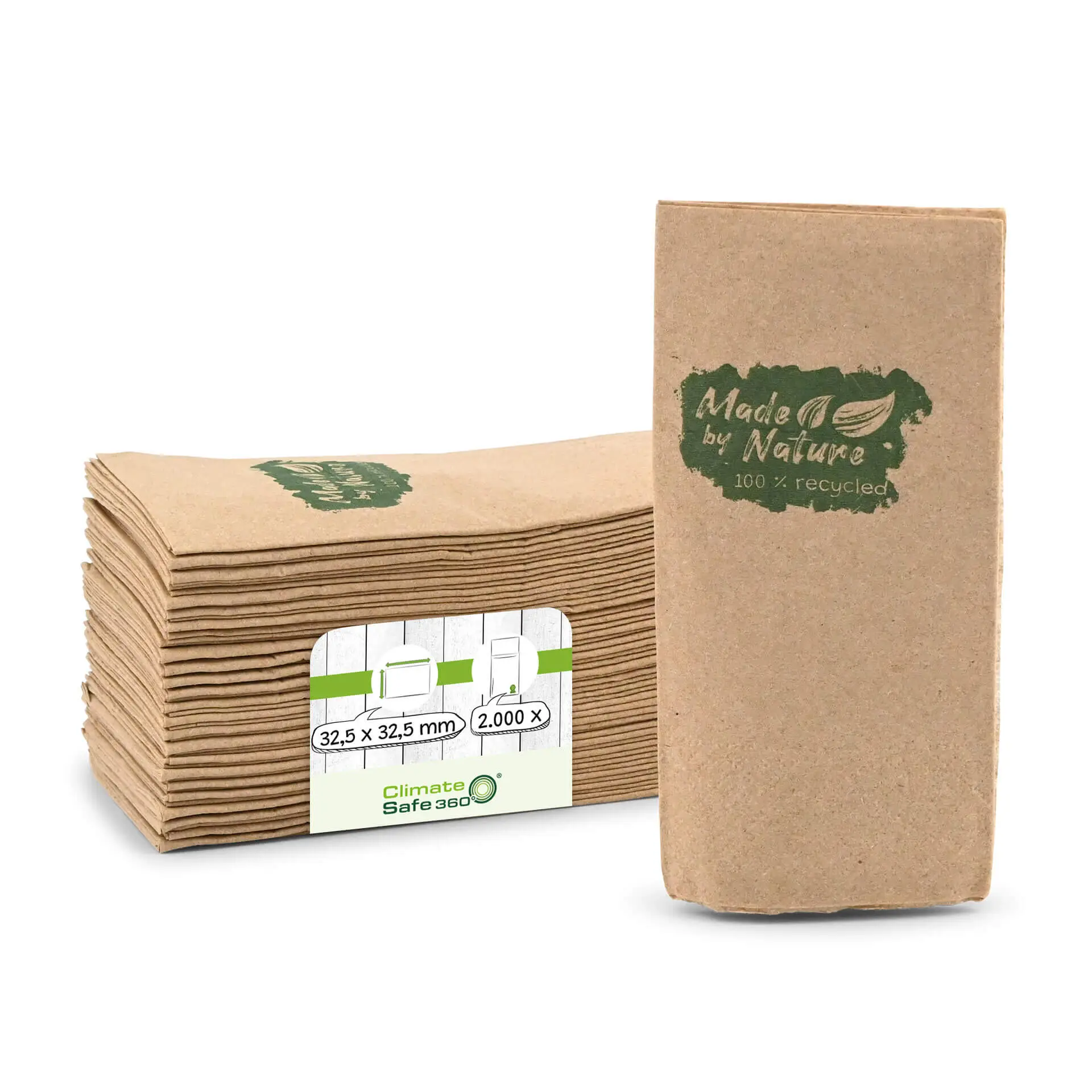 Servetten van gerecycled papier 32,5 x 32,5 cm, 2-laags, 1/8 vouw, ongebleekt, "Made by Nature"