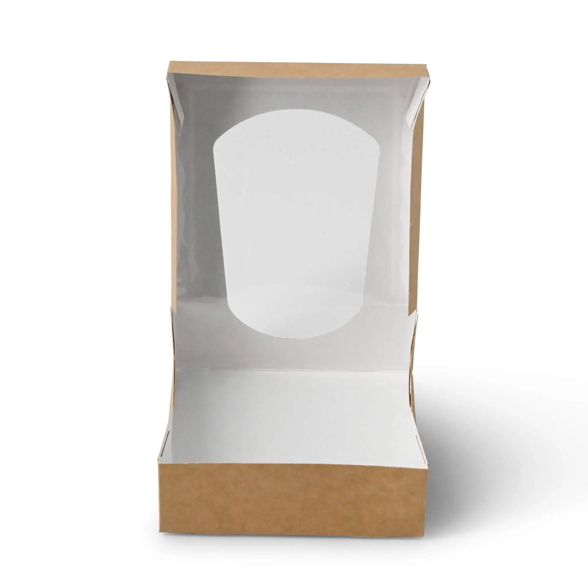 Kartonnen vensterdozen 12 x 12 x 4 cm, 600 ml, cellulose-venster, buiten kraft, binnen wit, opvouwbaar