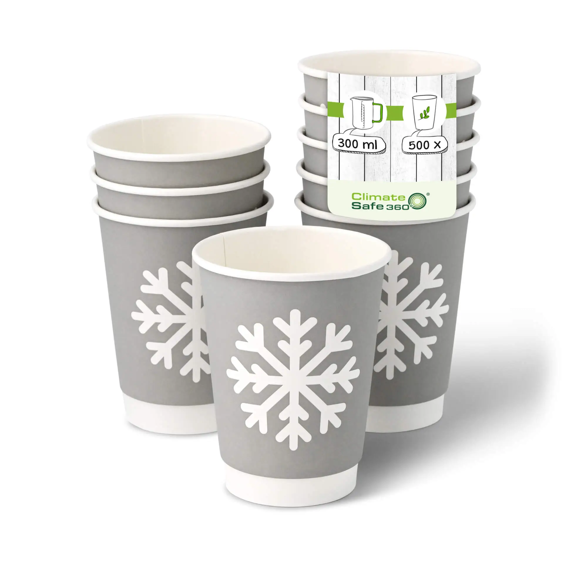 Kartonnen bekers dubbelwandig winter "Sneeuwvlok", 300 ml / 12 oz, Ø 90 mm, grijs