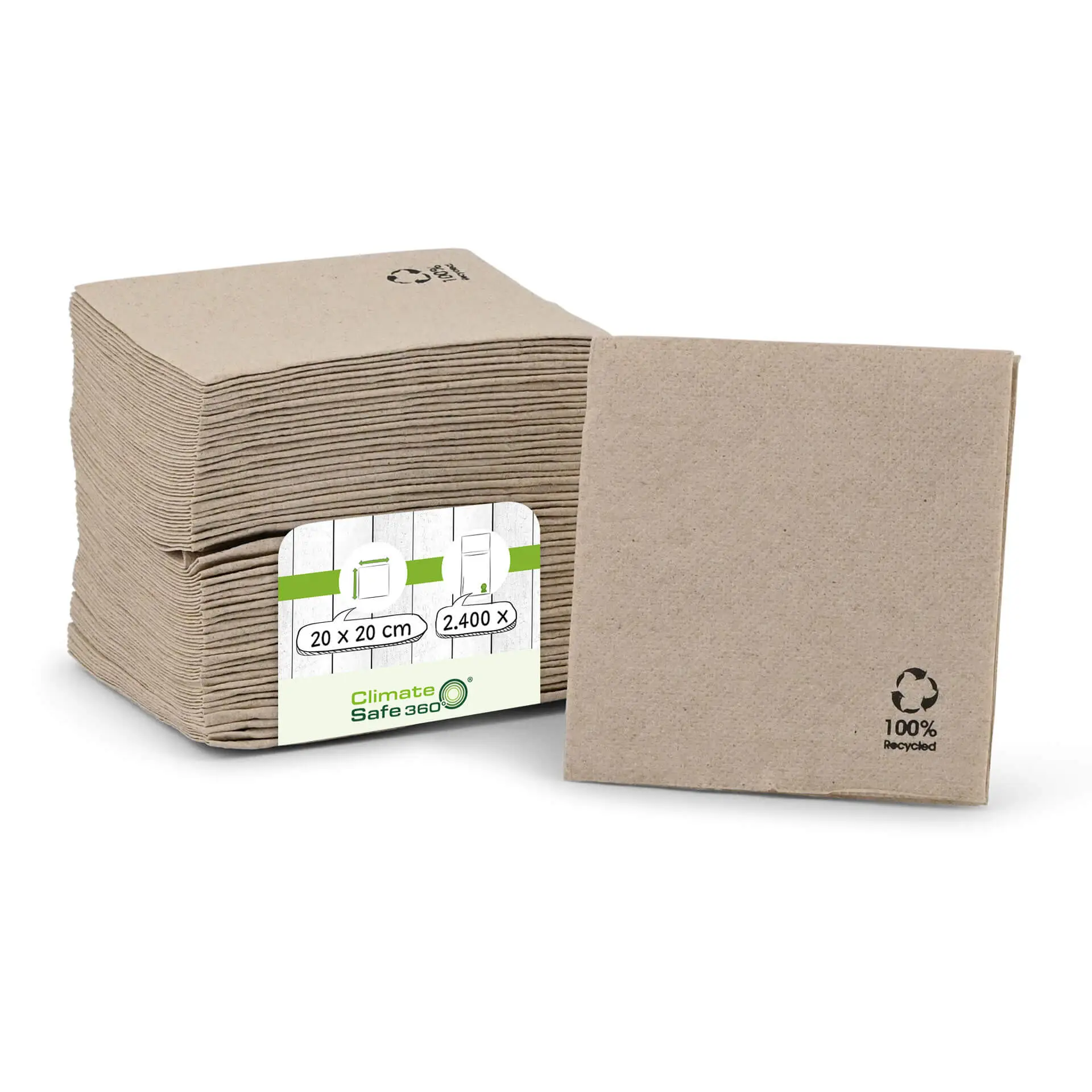 Cocktailservetten van gerecycled papier (Premium) 20 x 20 cm, 2-laags, 1/4 vouw, ongebleekt