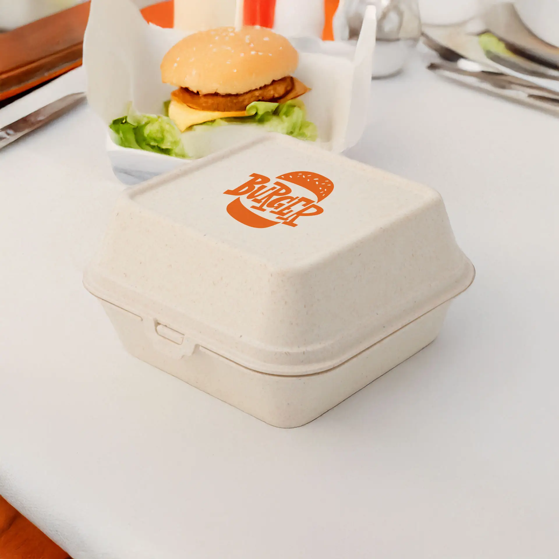 Reusable hamburgerdoosjes bedrukken "merways Box" (1 vlak) 16 x 15 x 8,5 cm, cashew / crème-wit