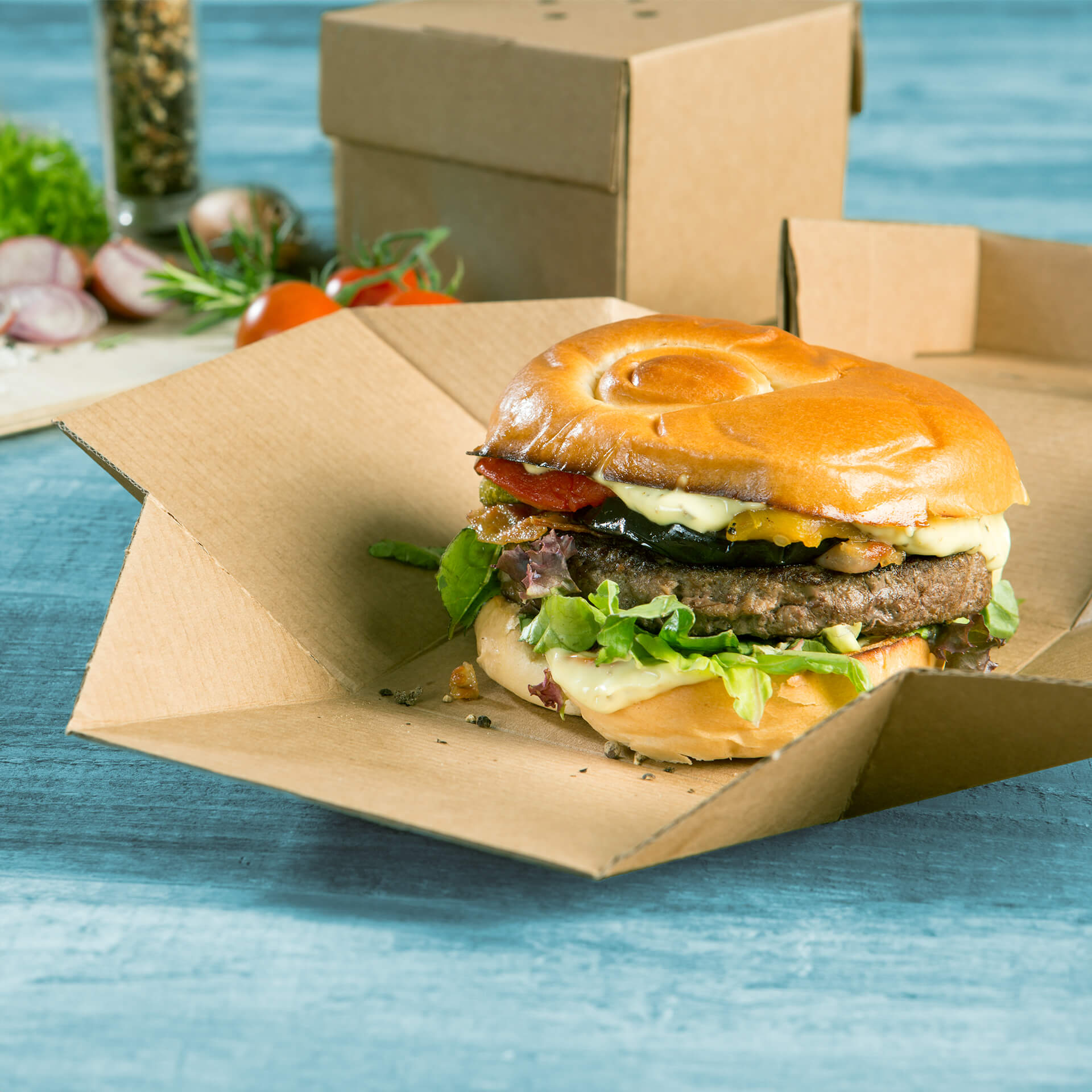 Burgerboxen 13 x 13 x 10 cm, Kraftkarton, braun, faltbar