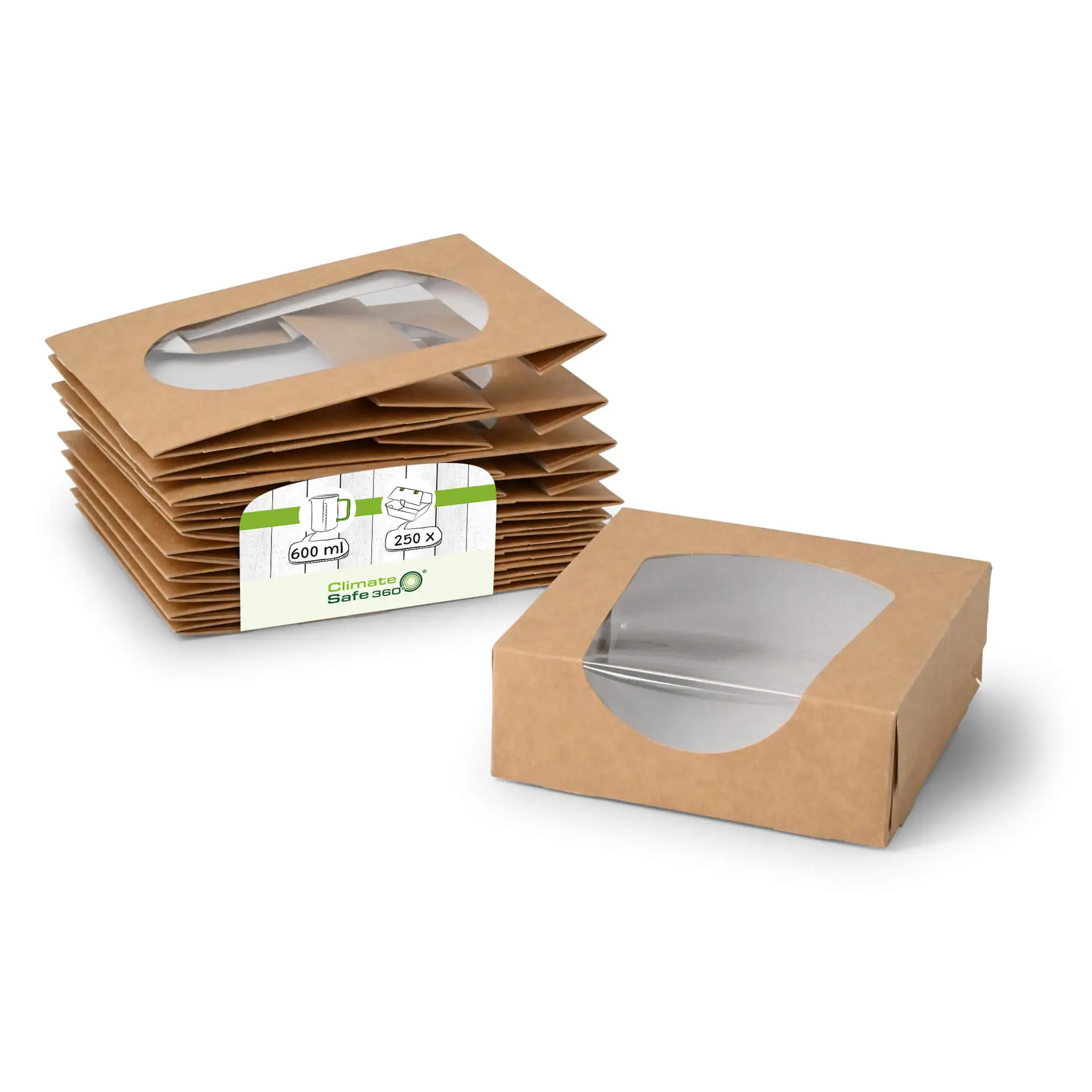 Kartonnen vensterdozen 12 x 12 x 4 cm, 600 ml, cellulose-venster, buiten kraft, binnen wit, opvouwbaar